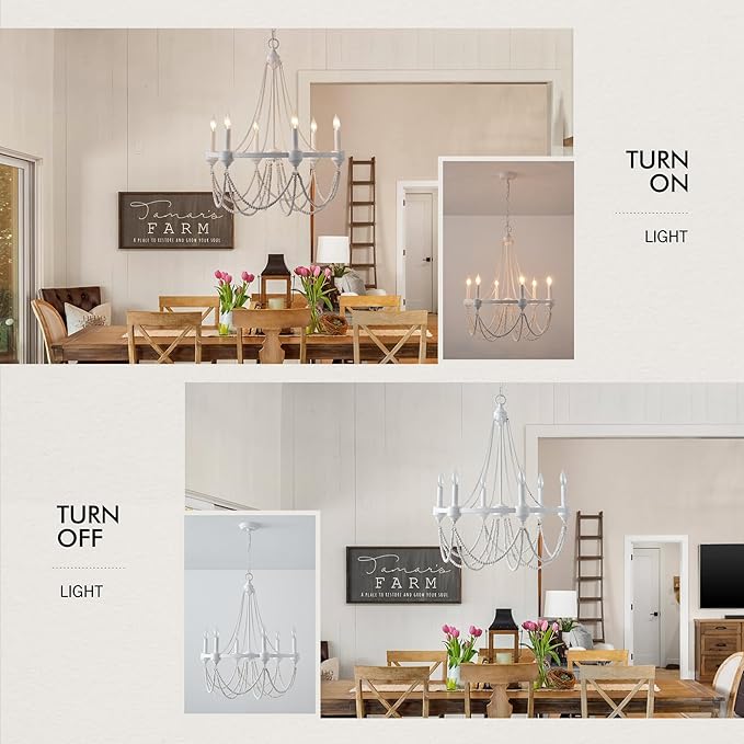 Boho Beaded Chandelier Farmhouse Rustic Candle Style Hanging Light Fixtures French Country Lighting for Dining Room Foyer Kitchen Entryway Distressed White Chandeliers 6-Lights W25.6