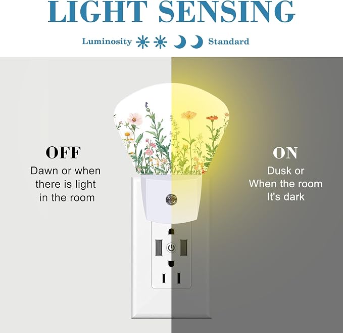 Watercolor Colorful Wildflowers Night Light Wildflowers Nightlight Plug into Wall with Dusk to Dawn Sensor for Kid Girls Boys Women Men Room, Hallway, Kitchen, Bathroom, Stairs Decor