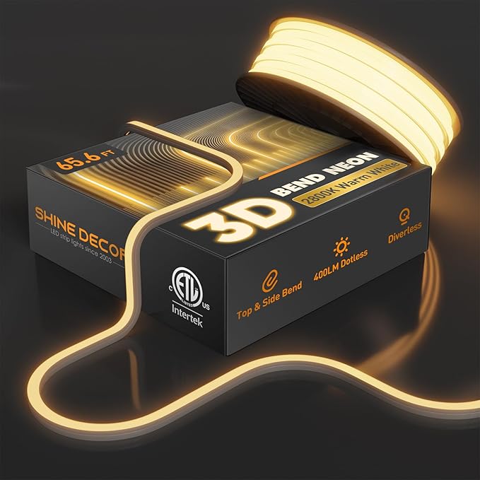 3D LED Neon Rope Light AC 120V 10x10mm, 2800K Warm White,65.6ft | Top & Side Bend, 400LM, Dotless, Driverless, IP65 Waterproof, Cold-Resistant, ETL Listed, Silicone Strip, for Home Commercial