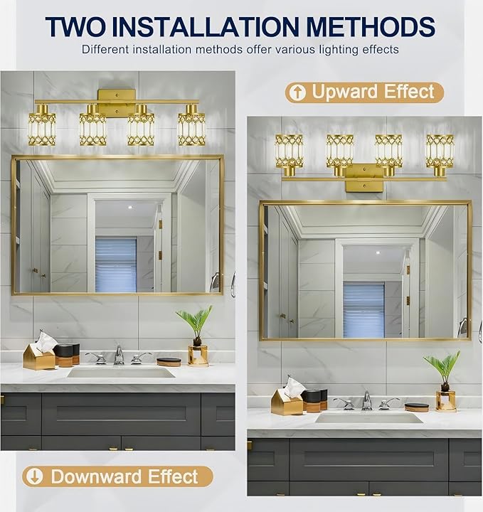 Crystal Modern Bathroom Light Fixtures, 4-Light Brushed Gold Bathroom Vanity Wall Light, Vanity Lights for Mirror, Restroom, Bedroom (E26 Socket, Bulbs Not Included)