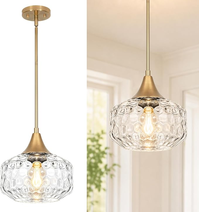 DSMJFU Gold Kitchen Island Pendant Lights with Hammered Glass for Island | 2-in-1 pendant & ceiling light; height adjustable; 90° rotation; adaptable different ceiling types;above kitchen sink light