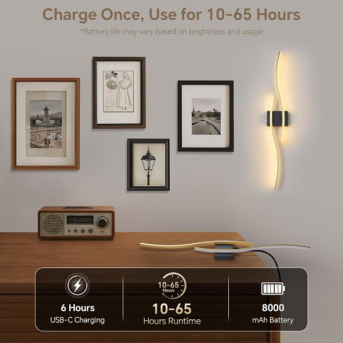 Battery Operated Wall Sconces Set of 2, Dimmable Modern LED Rechargeable Wall Light with Remote Control, Wall Decor for Living Room, Hallway, Quick Install, No Electrician Required 23.6 Inch