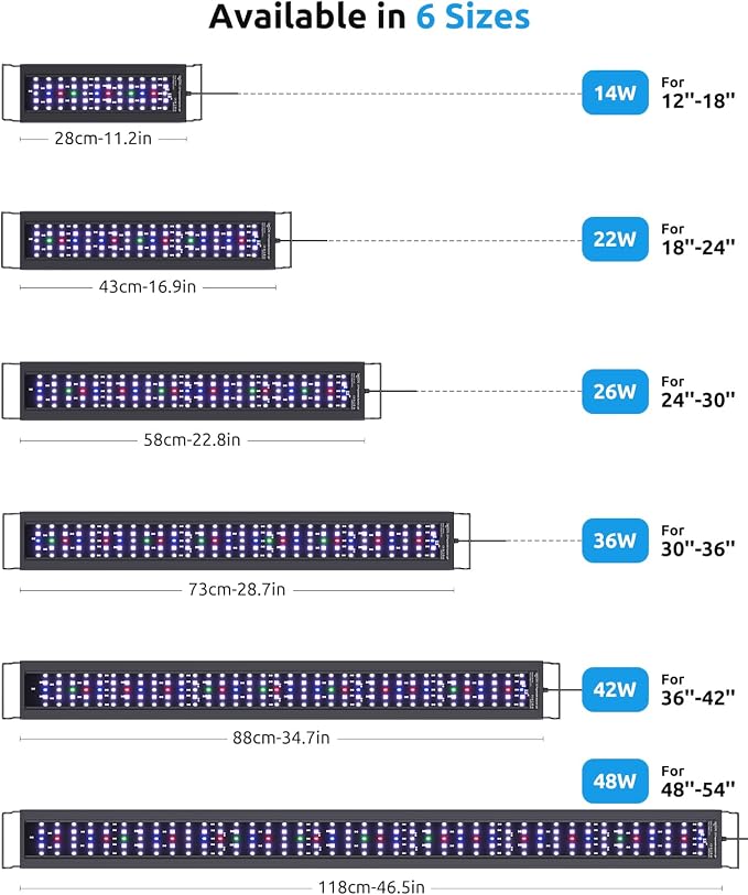SEAOURA WRGB DIY Aquarium Light for 48-54in Freshwater Fish Tank | high PAR full spectrum, 9 colors+20 dimming, 3 timers+memory, temp alarm, adjustable bracket, aluminum shell, SR-659