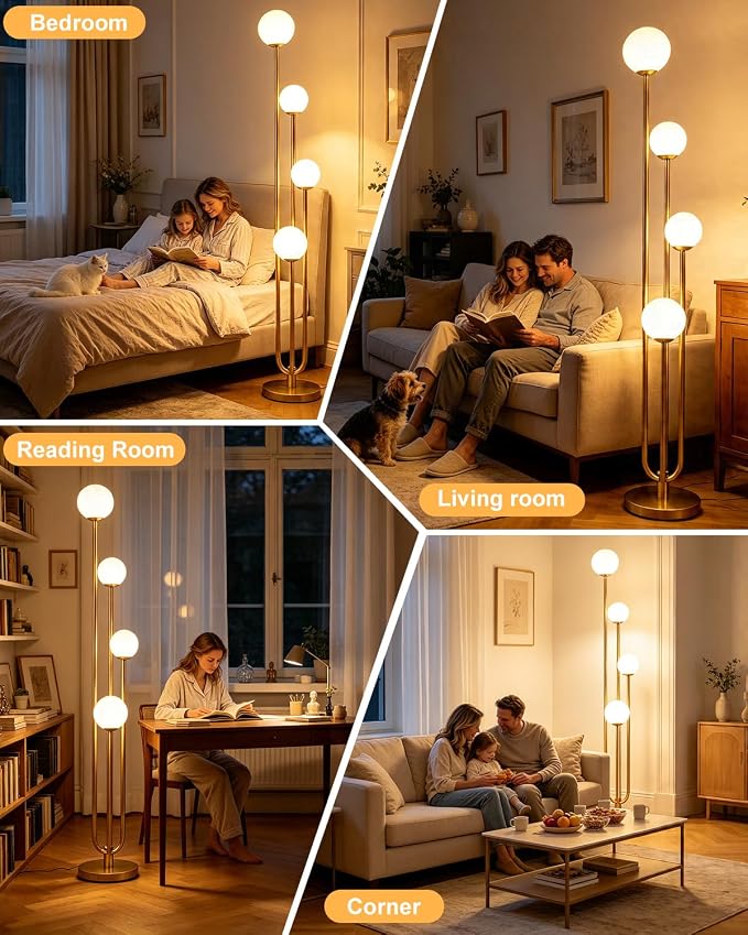 63IN 4-Light Dimmable Floor Lamp, Unique Gold Tall Standing Lamps with 3000K Bulbs for Reading, Mid Century Modern Floor Lamp with 5Lbs Heavy Base for Living Room Bedroom Home Office