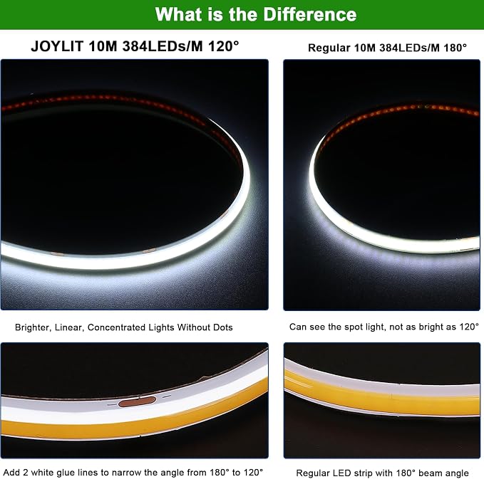 JOYLIT COB LED Strip 24V 32.8FT 6000K 7650LM Dimmable for Cabinets, Closets | CRI 90+, 120° Narrow Beam, 384 LEDs/m Cool White, Dot-less No Dark Spot, Cuttable , Easy Peel & Stick ( Strip Only )