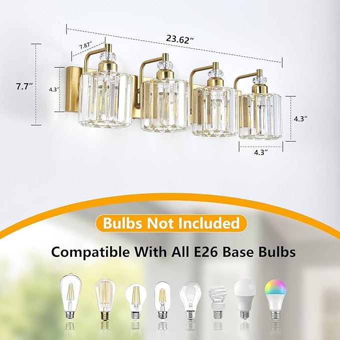 4-Light Brushed Brass Bathroom Light Fixtures Modern Vanity Lights Over Mirror Gold Bathroom Vanity Lighting with Crystal Shade E26 Base Wall Sconce for Bedroom Living Room Restroom Wall Lamp