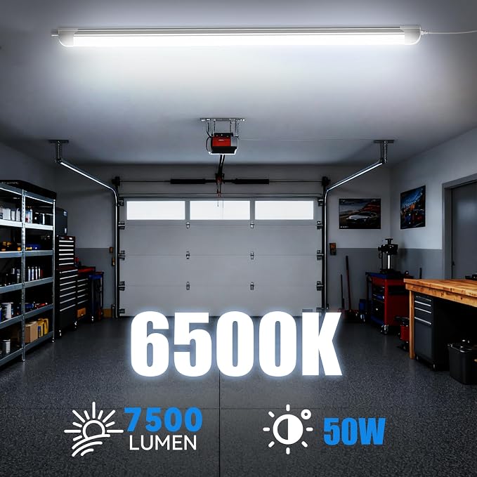 CNSUNWAY 4FT LED Shop Lights, 50W 7500LM D Shape, ETL Listed 8 Pack | 6500K Daylight White, plug-and-play T8 integrated design with clear cover and linkable setup for garages and workshops.
