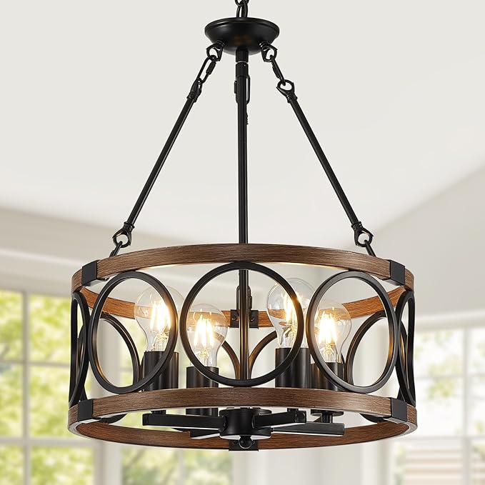15.7'' Farmhouse Chandelier, 4-Light Walnut Wood Grain Dining Room Light Fixture Over Table, Rustic Industrial Drum Hanging Pendant Lights Fixture for Kitchen Island Bedroom Hallway Foyer Entryway