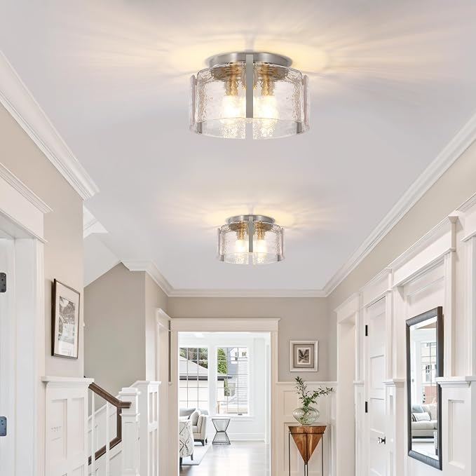 Brushed Nickel 3-Light Semi Flush Mount Ceiling Light, 15'' Modern Dimmable Hallway Fixture with Hammered Glass for Entryway Kitchen Bedroom Bathroom Foyer