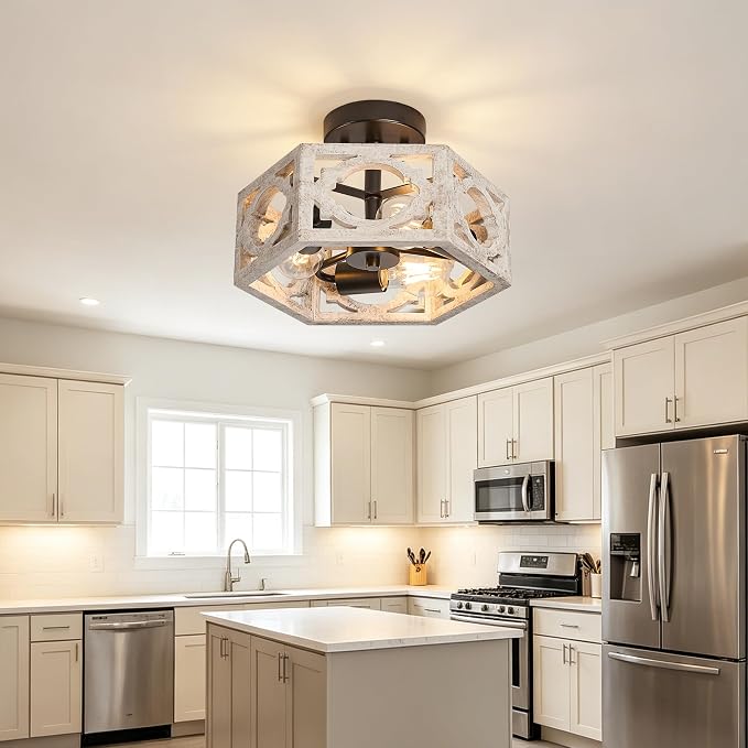 Farmhouse Semi Flush Mount Ceiling Light,Distressed White Hexagon Rustic Carved Wood Fixture for Kitchen Bedroom Hallway Dining Room Entryway,Close to Ceiling Light Fixtures,3-Light