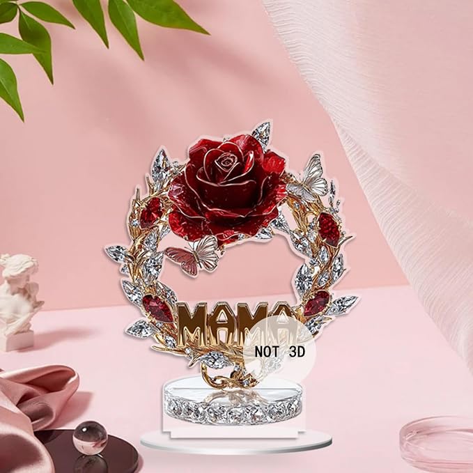 Rose Flower Ornament Acrylic DIY Crafts Mothers Day 2D Flat Rose Wreath Tabletop Present Butterfly Pattern Desktop Ornament for Home Decoration Gifts