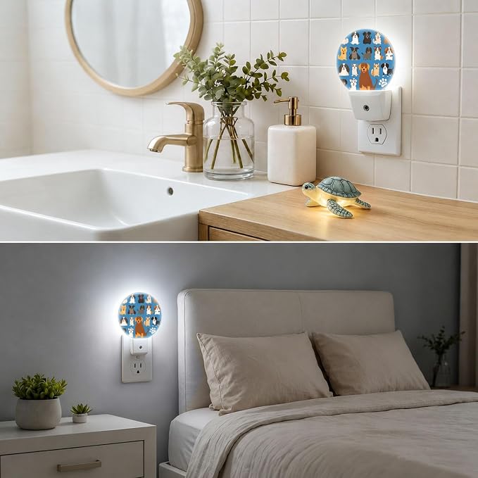 Nightlight Colorful Dogs Night Lights Plug Into Wall Auto Sensor | Cute Cartoon Night Light Auto Led Sleep Round Lamp for Living Room Hallway Stairs