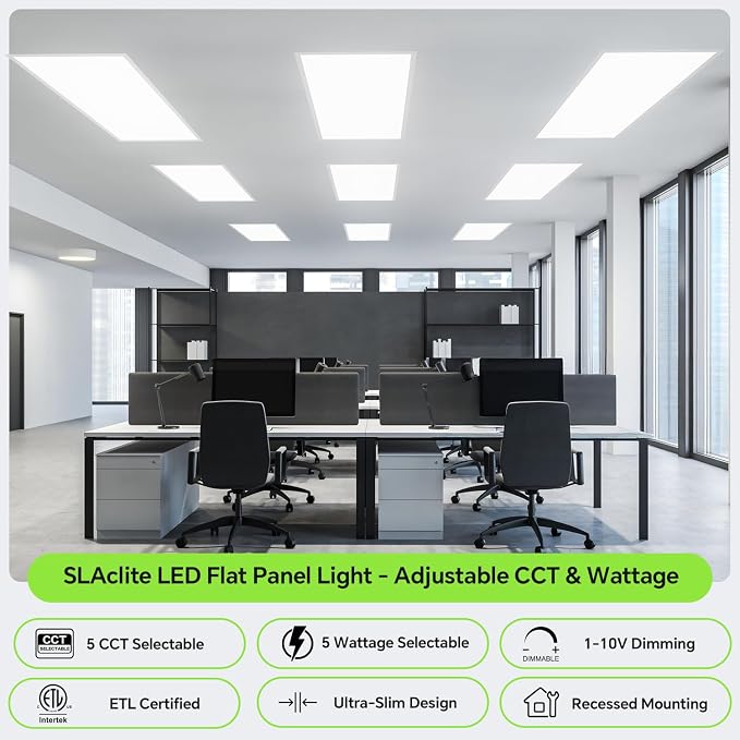 6 Pack 2x4 LED Flat Panel Light 50/40/35/30/25W 6500lm Adjustable, 0-10V Dimmable LED Flush Mount Ceiling Light Fixtures, 2.7K/3K/3.5K/4K/5K Selectable for Office Kitchen Garage - ETL Listed
