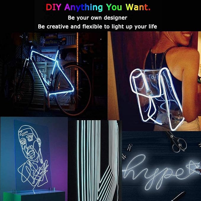 JIGUOOR USB Rechargeable EL Wire 32.8ft/10m (5mx2) Bright Neon Light Strip 360° Illumination Neon Tube Rope Lights for DIY, Festival, Party Decoration, Halloween, Chrismas (32.8ft/10M, White)