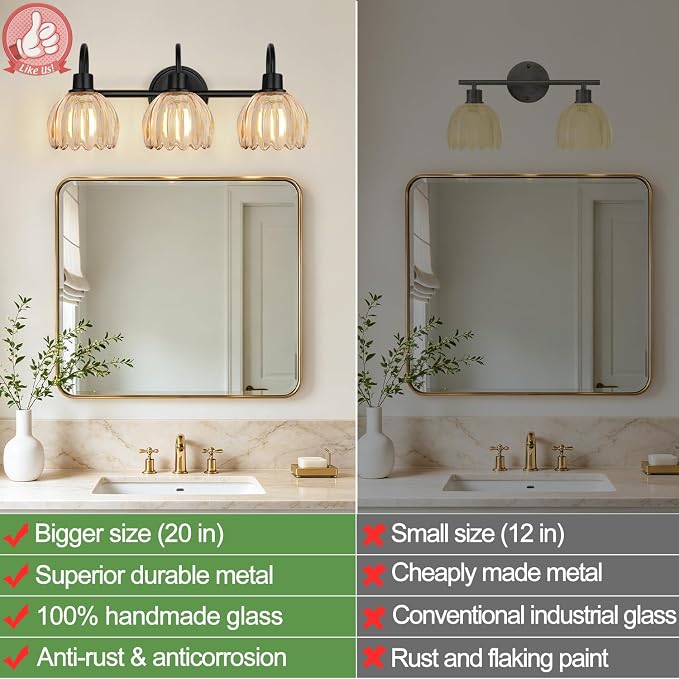 Bathroom Light Fixtures, 3-Light Black Vanity Light with Ribbed Amber Tulip Glass Shades, 20-Inch Bathroom Lighting Over Mirror for Bedroom, Living Room, Hallway (Bulbs Not Included)