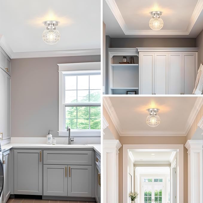 Daunton Semi Flush Mount Ceiling Light Fixtures, Vintage Globe Glass Ceiling Light Fixture, Antique Small Brushed Nickel Hallway Light Fixtures for Bedroom, Closet, Entryway, Bathroom, Kitchen