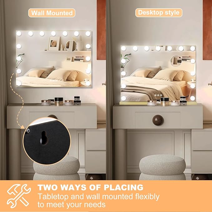 Moonee Gold Vanity Mirror with Lights, Hollywood Lighted Makeup Mirror with 15 Dimmable Bulbs and 10X Magnification, 3 Colors Modes, Aluminum Metal Frame, Light Up Mirror for Tabletop/Wall（23" x 18"）