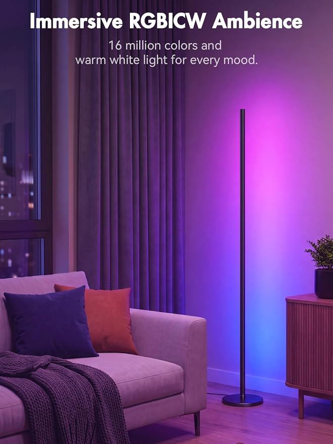 RGBICW Corner Floor Lamp, Smart LED Floor Lamp for Ambient Lighting with 16 Million Colors, App & Remote Control, 68 Scene Modes, Music Sync, Adjustable Warm White for Bedroom Living Room