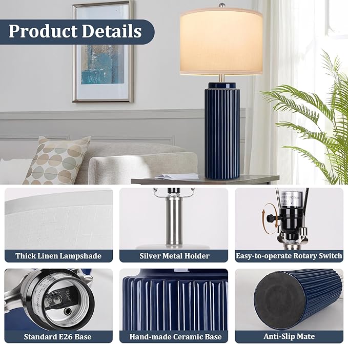 28" Dark Blue Ceramic Table Lamps Set of 2, Modern Nightstand Lamp | Bedside Table Lamps with White Linen Shade, Larger size, Farmhouse Home Decor for Living Room Bedroom Office End Table Dorm