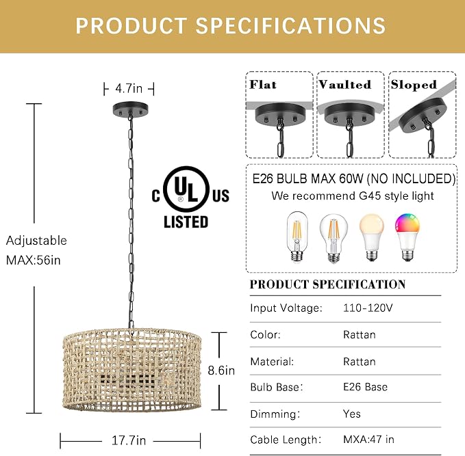 17.7" Rattan Dining Room Light fixtures, 5-Light Hand Woven Pendant Lights Kitchen Island Rattan Boho Chandelier Bohemian Hanging Ceiling Lights Wicker Lighting for Restaurants Living Room