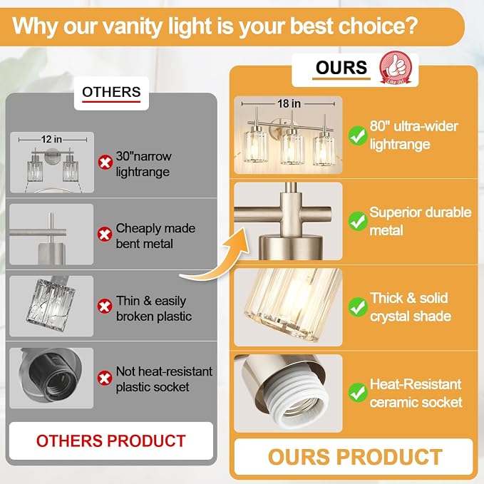 3-Light Bathroom Vanity Light Fixture, Brushed Nickel Bathroom Light with K9 Clear Crystal Shades, Modern Wall Sconce Lighting for Bathroom Mirror, Bedroom, Hallway