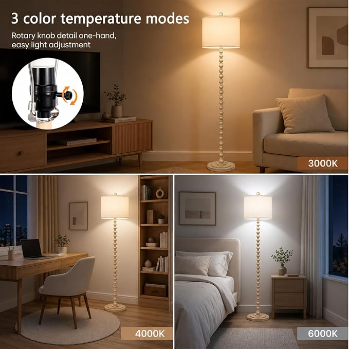 62" Farmhouse Floor Lamps for Living Room, Vintage Floor Lamp with Rotary Switch, 3-Color Adjustable Temperature Standing Lamp, Rustic Resin Tall Lamps for Living Room, Bedroom, Home Office, Corner