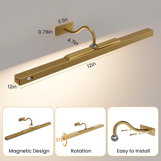 Rechargeable Motion Sensor Picture Light for Wall, 24 Inch, Brass, 2 Pack | 6000mAh Battery, Cordless, Magnetic Detachable Bar, Rechargeable, Remote Control, 3CCT Dimmable, for Artworks/Photos