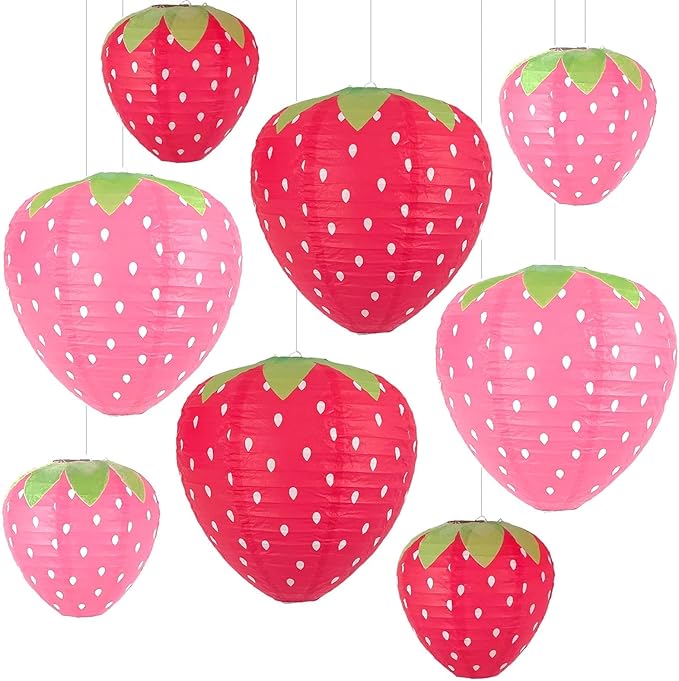 Strawberry Paper Lanterns, 8" & 12" Large Strawberry Hanging Lantern, Strawberry Hanging Decorations for Fruit Theme Birthday Party Decor(8 Pcs, Red&Pink)