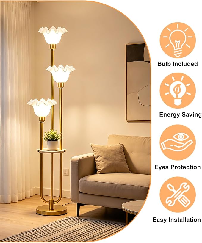Lightdot Flower Floor Lamp for Living Room Dimmable Vintage Floor Lamp with Shelf& Bulbs Included Mid Century Gold Floral Standing Tall Lamp with 5Lbs Heavy Base for Bedroom/Sofa Beside/Corner Decor