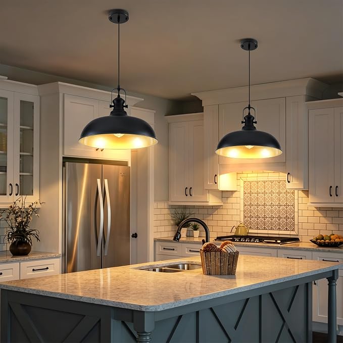 2 Pack 15.7" Matte Black Barn Pendant Lights, Adjustable Cord Industrial Dome Metal Hanging Light Fixtures with Gold Interior, E26 Farmhouse Pendant Lighting for Kitchen Island Dining Room Bar