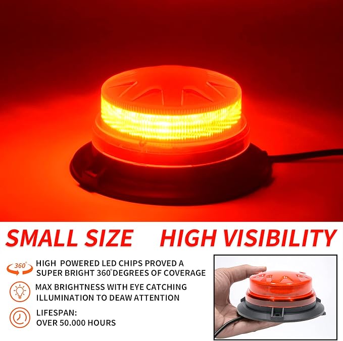 Red Led Emergency Strobe Beacon Lights for Car Vehicles 12V 24V 24-LEDs | Magnetic Mount, 8 Flash Model, Warning Safety Flashing, Rooftop Signal Lamp for Forklife Construction Truck Tractor Golf SUV