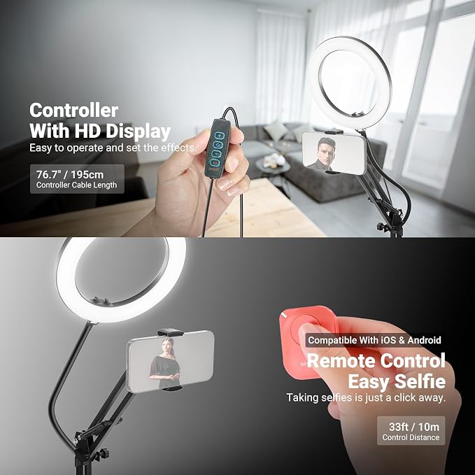 NEEWER Entry Level Version N41 8" LED Ring Light with Desk Clamp Stand/Remote, Overhead Phone Mount Holder Compatible with iPhone, Streaming Video Recording Selfie Nail Tech Food Photography Lighting