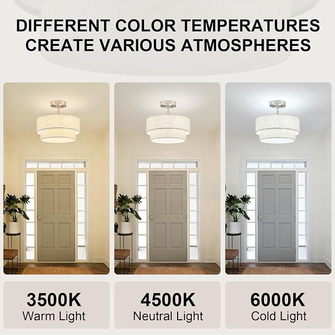 Semi Flush Mount Ceiling Light - 12.6in Diameter, Fits Flat & Sloped Ceilings, 3-Light E26, Dimable 3-Color Temp, ETL Listed, Modern Farmhouse Lighting for Entryway, Hallway, Kitchen