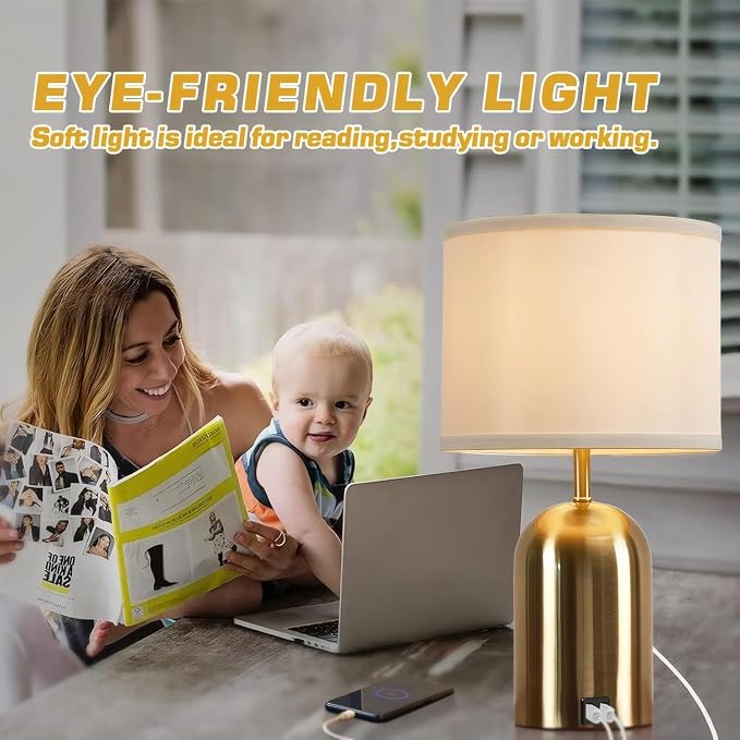 Bedside Lamp with USB Port, Touch Control Table Lamp for Bedroom, Dimmable Modern Nightstand Lamp with Fabric Shade Gold Base for Living Room, Dorm, Home Office, LED Bulb Included