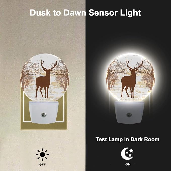 Deer Night Light Autumn Forest Wildlife Deer Maple Trees Night Lights Plug into Wall Auto on/Off LED for Bedroom Bathroom Staircase