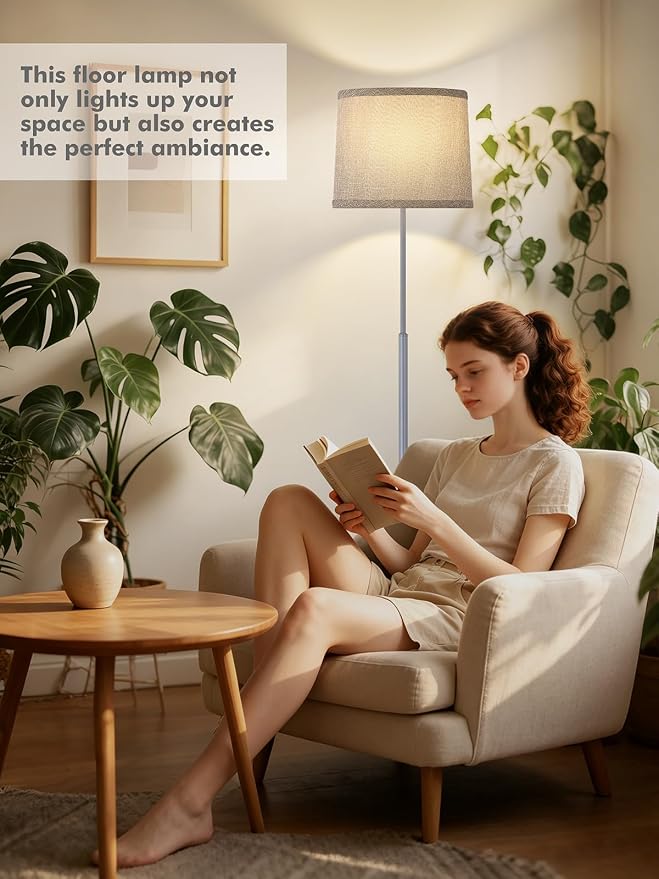 60" Modern Floor Lamp for Living Room Bedroom, Standing Lamp with Oatmeal Linen Lampshade, Tall Lamp with A19 9W 3 Color Temperature Bulb, Foot Switch Control, Silver