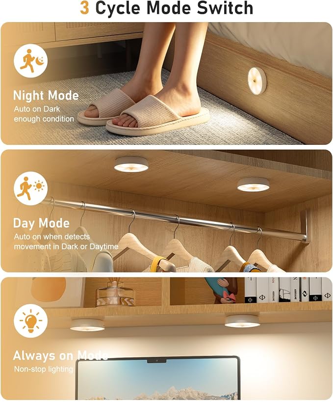Motion Sensor Closet Lights, USB-C Rechargeable Under Cabinet Puck Lighting with Charge Station, Dimmable Battery Powered Step Lights for Kitchen, Stairs, Wardrobe