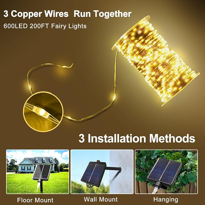 KNONEW 203FT 600 LED Solar String Lights Outdoor, Extra Long Solar Fairy Lights with 8 Modes, IP44 Waterproof Copper Wire Lights for Garden Patio Yard Christmas Decor, Warm White