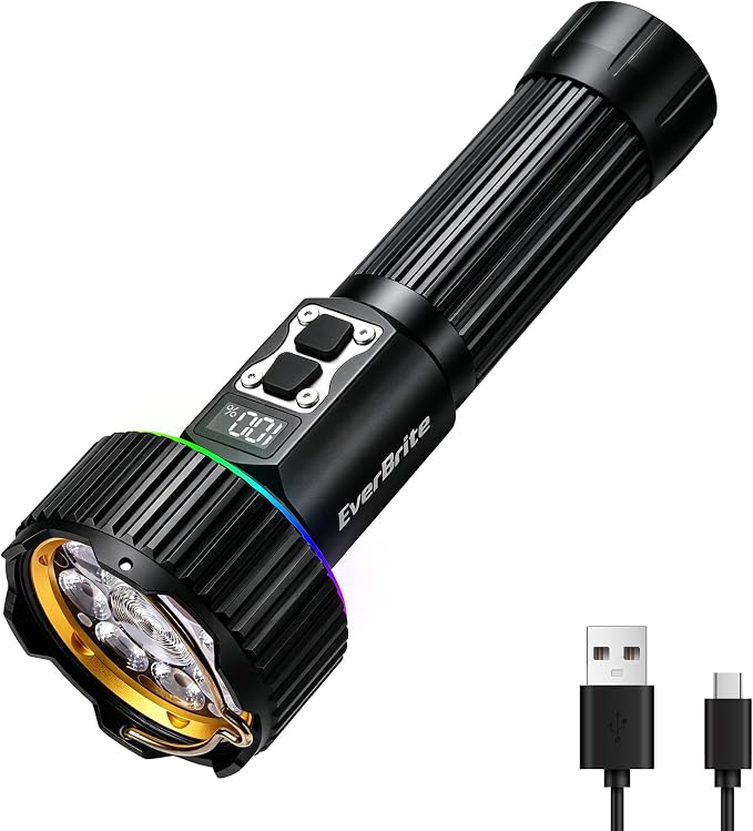 EverBrite 1700LM Rechargeable Flashlight with Spotlight, Floodlight & RGB | Digital Power Display, 14 Modes, RGB Light, Memory Function, 4500mAh, Aluminum Body, Hook, Tripod Mount for Camp, Emergency