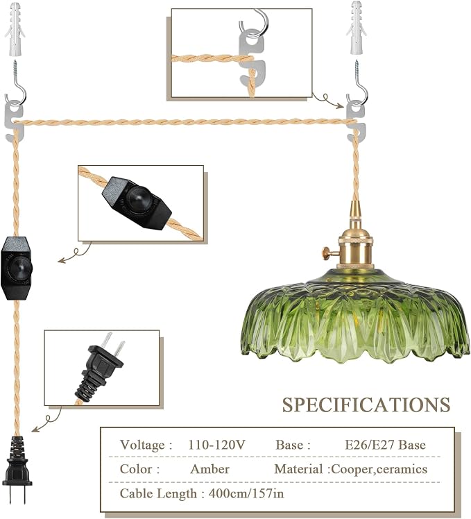 Plug in Pendant Light Fixtures,Green Glass Lampshade Pendant Lighting 9.4in E26 Hanging Light Fixture for Kitchen Island, Bedroom, Dining Room, Living Room