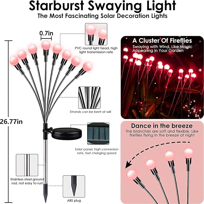 6 Pack Solar Firefly Lights Outdoor Swaying Garden Decorations 48LED Red | 2 Lighting Mode, Auto On/Off, Sway with Wind, Waterproof Solar lights Outdoor for Flower Bed Patio Pathway Courtyard Decor