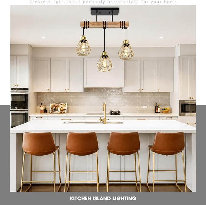 3-Lights Dining Room Light Fixture Over Table, Wood Kitchen Island Lighting Hanging, Farmhouse Chandelier for Dining Room, Black Pendant Light Fixtures with Gold Metal Cage for Bar Restaurant