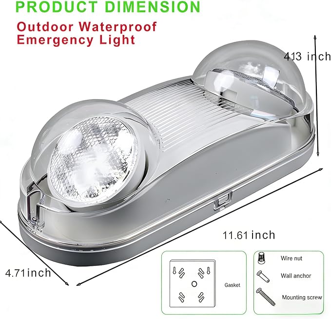 Outdoor Wet Location Emergency Light, Waterproof LED with Battery Backup, Adjustable Heads, UL-Listed, 120-277 Commercial Hardwired Emergency Lighting GN-10WL