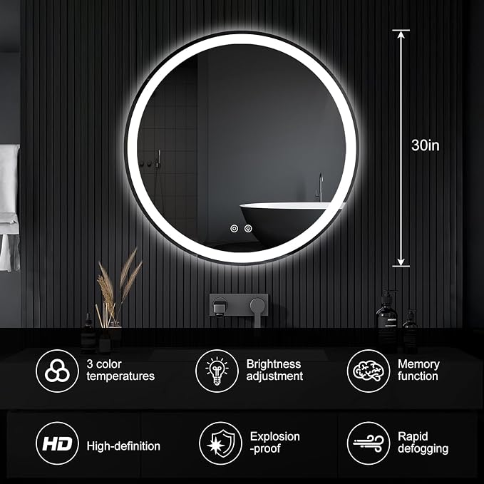Sweetcrispy 30 Inch Round LED Mirror for Bathroom with Lights, Circle Vanity Mirror with Anti-Fog, Dimmable, 3-Color Light, Memory Function, Tempered Glass