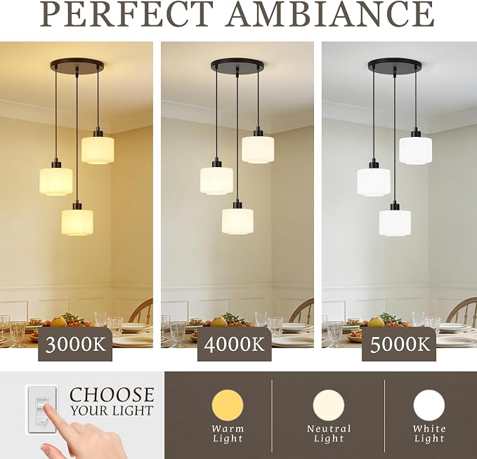 3-Light Pendant Lighting, Black Dining Room Chandelier Light Fixture Over Table with Milk Glass, Modern Cluster Hanging Lights for Kitchen Island Dining Room Sink, OS-YQ8153-3BKW