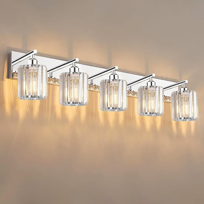 Brushed Chrome Crystal Bathroom Vanity Light, 5-Light Modern Bathroom Lighting Fixtures Over Mirror,Chrome Wall Sconce Light Fixtures with Round Shade
