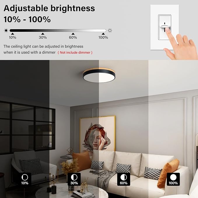 WOKNOS Modern Dimmable LED Close to Ceiling Light Minimalist Wood Oak Flush Mount Ceiling Light Fixture Circle Lighting for Bedroom Living Room Bathroom Laundry Room (Black, 15.7'')