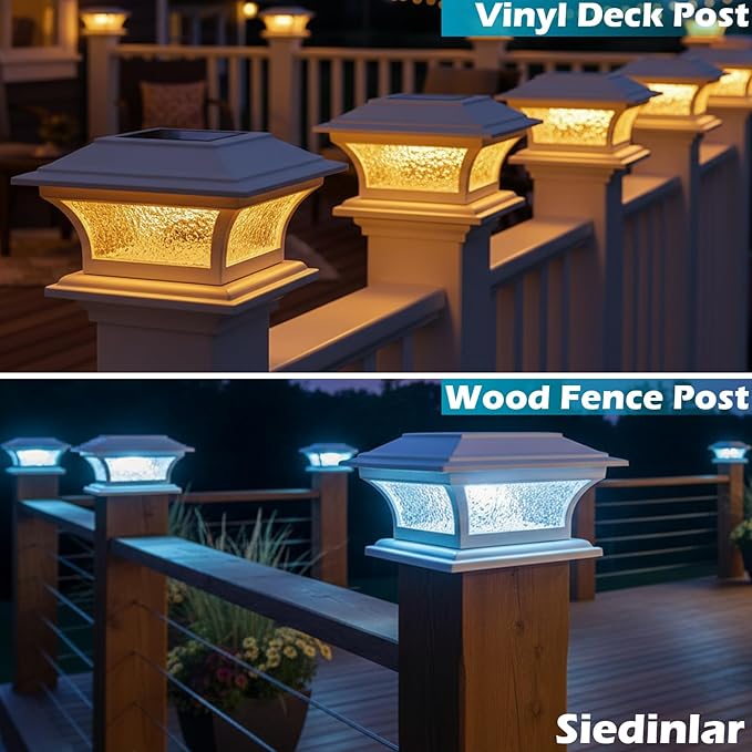 SIEDiNLAR Solar Post Lights Outdoor Glass LED Fence Cap Light 2 Modes for 4x4 5x5 6x6 Posts Deck Patio Garden Decoration Warm White/Cool White Lighting White (4 Pack)