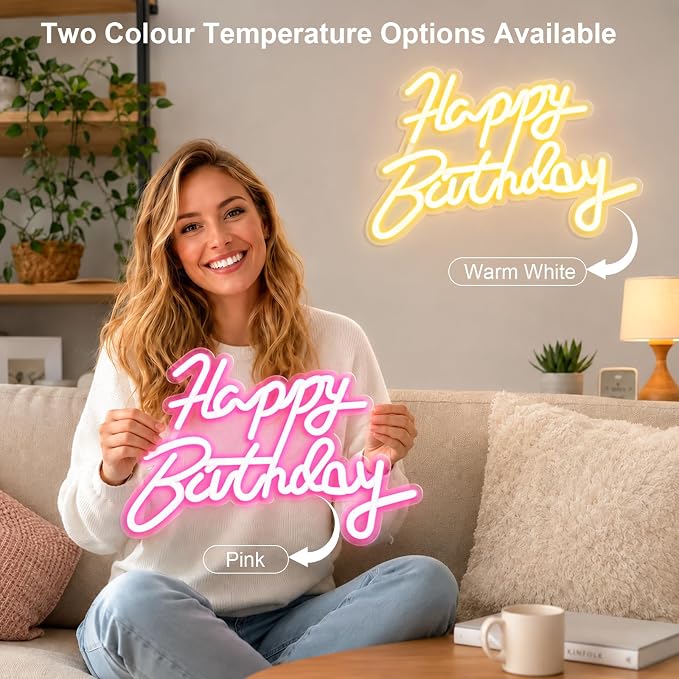 FARNY Happy Birthday Neon Sign for Wall Decor, LED Happy Birthday Light Up Sign Pink, Dimmable LED Birthday Neon Light for Birthday Party Decorations Backdrop,16.5"x 12"