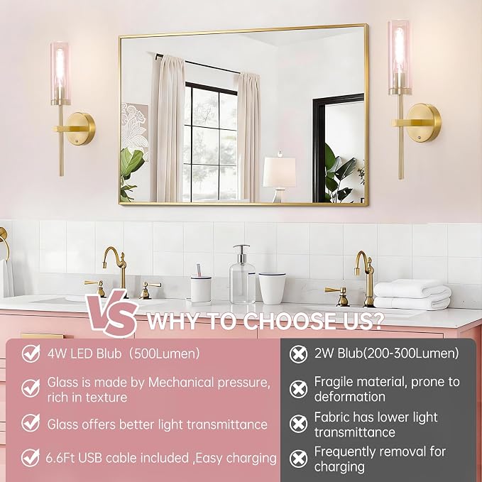 Shenmoyl Battery Operated Wall Sconces Set of 2, Gold Rechargeable Wall Lighting Fixtures, Dimmable Wall Lights with Remote & Pink Glass Shade for Living Room, Bathroom,Bedroom